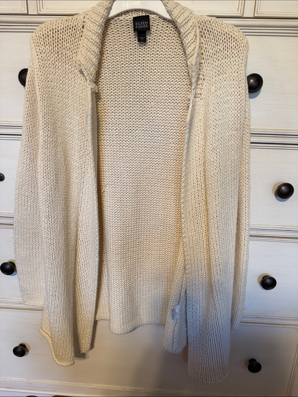 Eileen Fisher Cream Open-Front Textured Knit Cardigan 100% Cotton